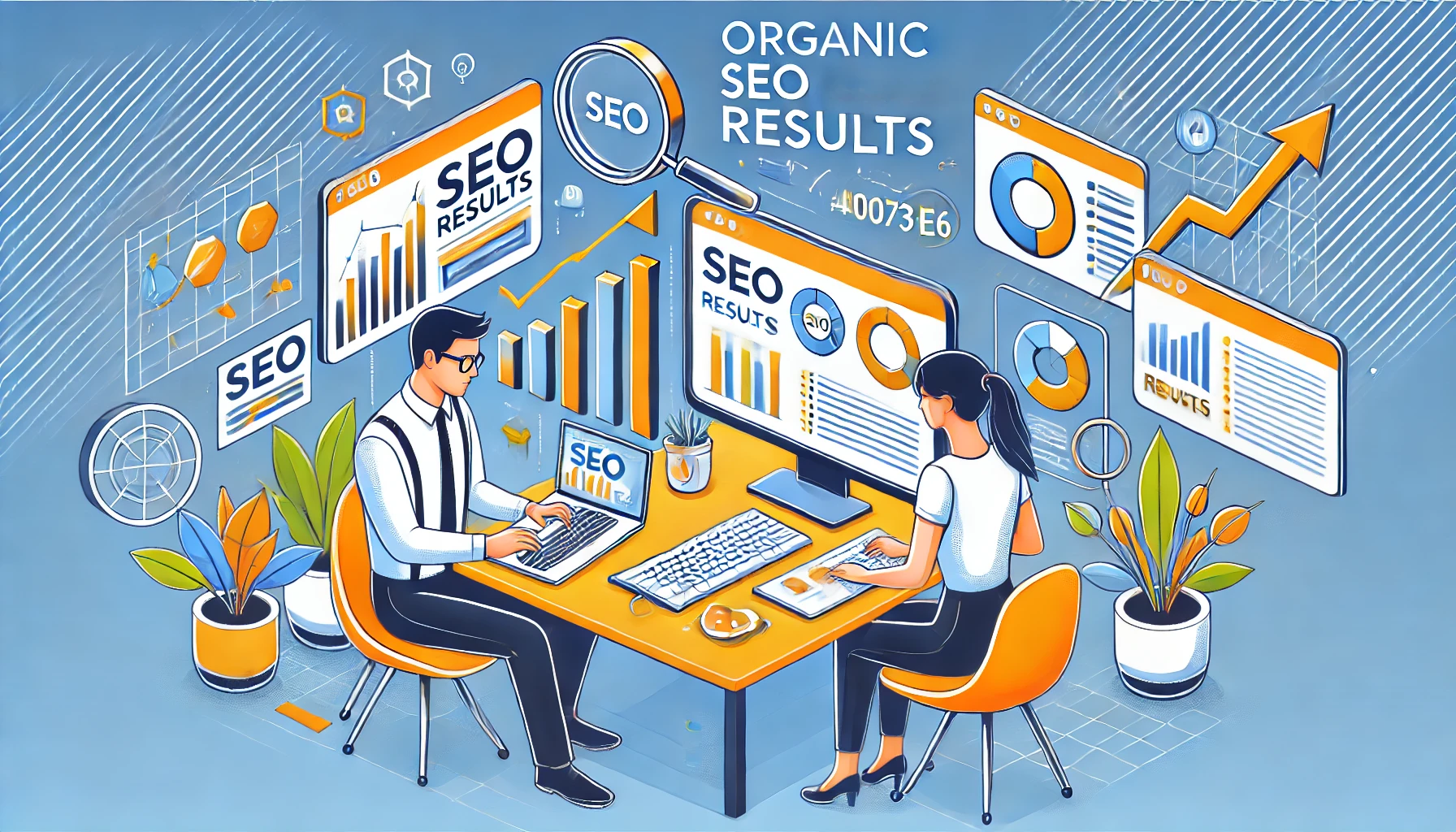 DALL·E 2024 07 07 18.06.43 Create a simple and eye catching image for Organic SEO Results featuring a technology theme. Include a professional man and woman working together o