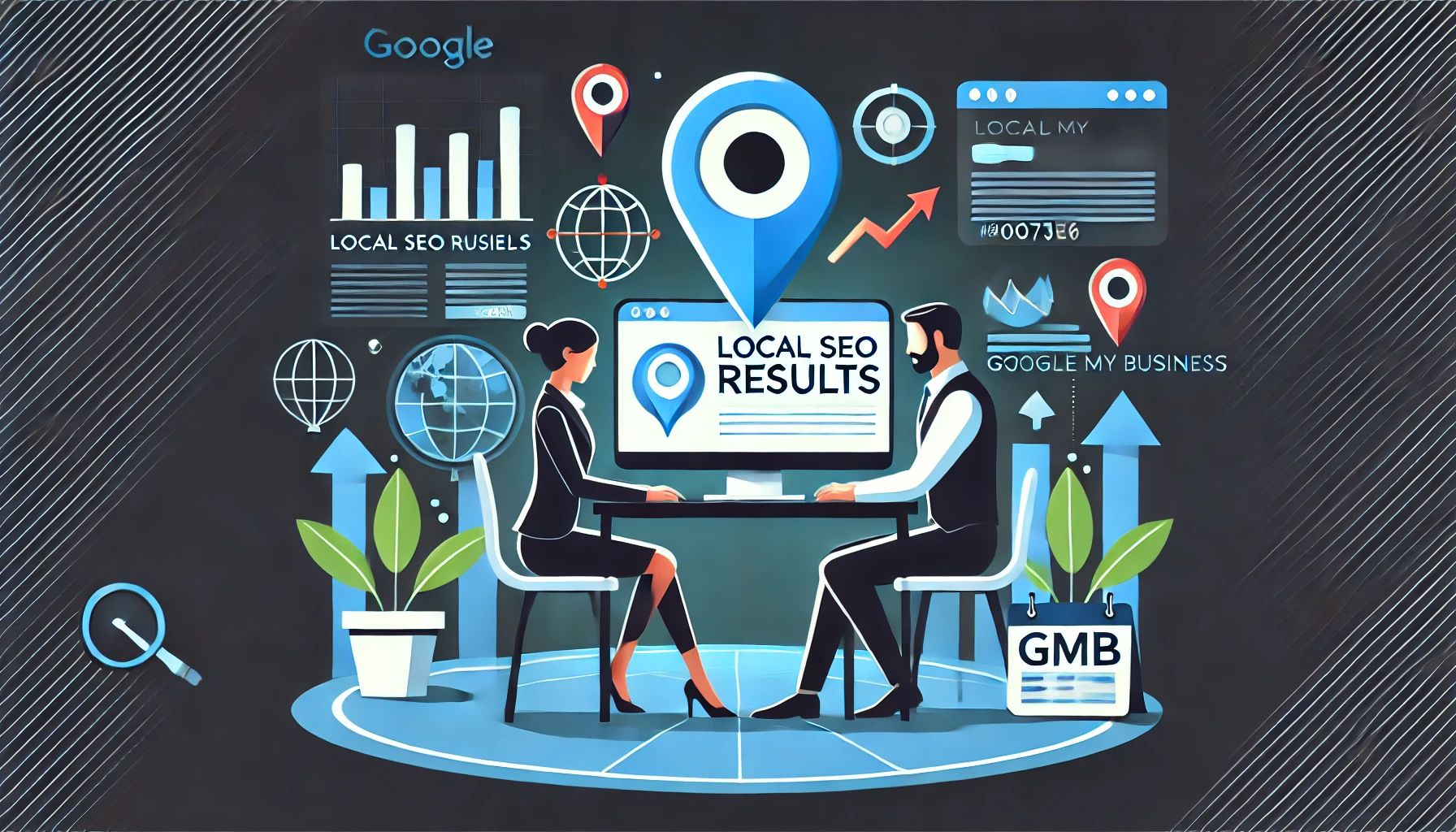DALL·E 2024 07 07 18.13.08 Create a simple and eye catching image for Local SEO Results featuring a technology theme. Include a professional man and woman working together on 